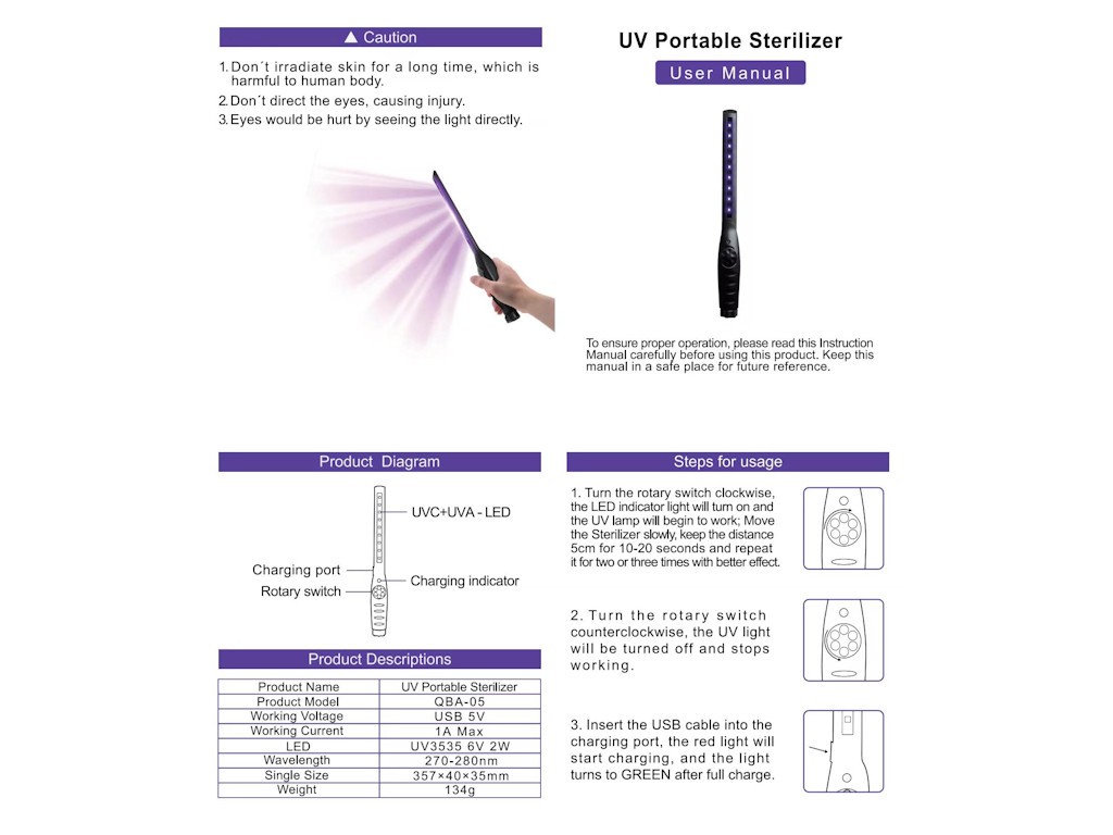 ESTERILUV — Bastão de iluminação LED UV-C com comprimento de onda certificado de 270 ~ 280 nm, projetado