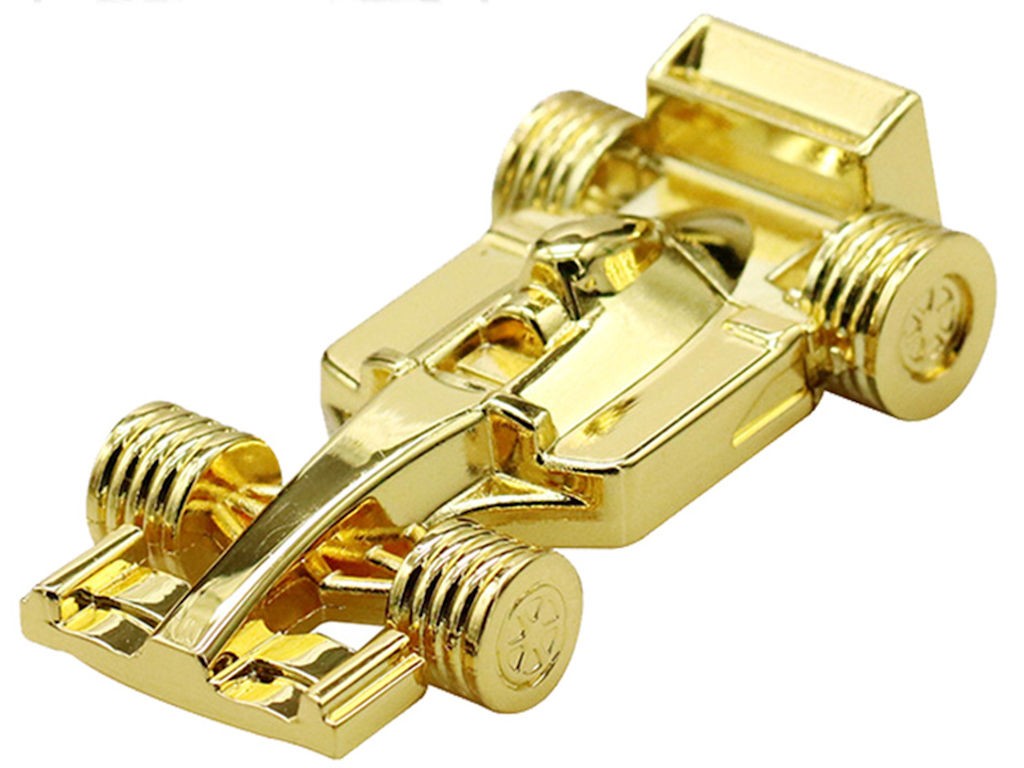 WGS-FORMULA1 — 金属 USB 闪存驱动器，形状像一级方程式赛车。它在中间分为两部分。有