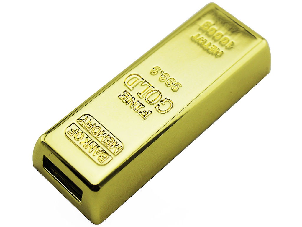 WGS-ORO01 — Unidade flash USB metálica em forma de lingote de ouro. Este modelo possui inscrições em